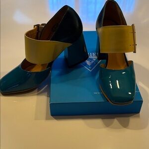 John Fluevog Teal and Yellow Heels Hermine Buckle 6.5